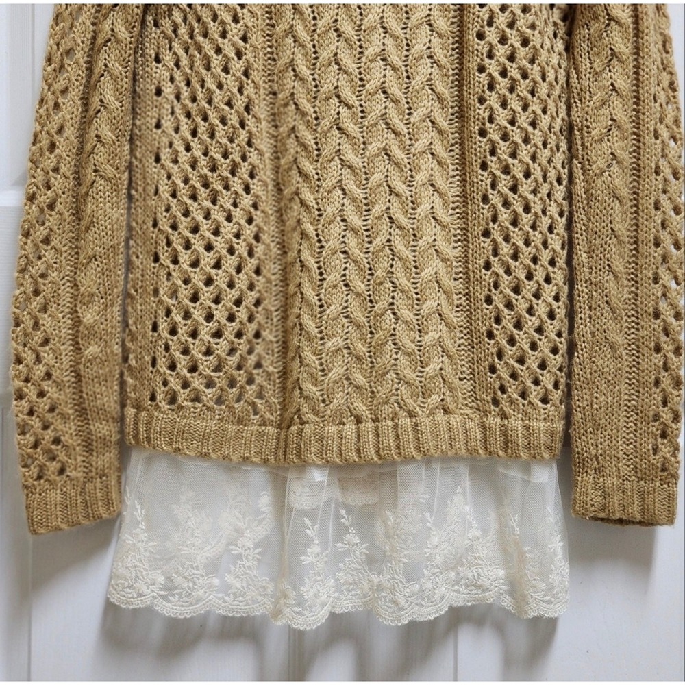 Pol Cable Open Knit Yellow Sweater Floral Lace Hem Raglan Sleeve Oversized S - Picture 5 of 13